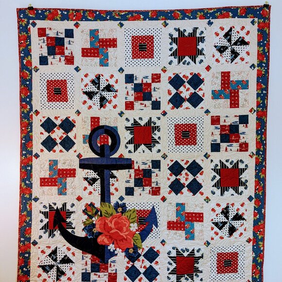NEW! Handmade "Admiral Harry" by Riley Blake Cotton Nautical Quilt 68" x 80" - Picture 1 of 9